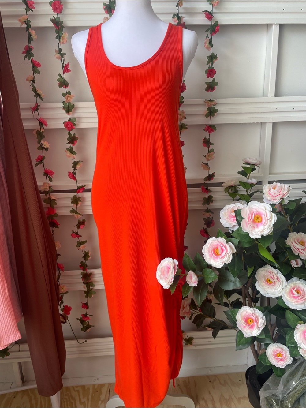 Double Zero- Ribbed Dress with Back Twist Tie- Tomato (Red Orange)